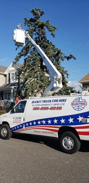 Operator in the bucket near the top of a tall evergreen tree beside a house