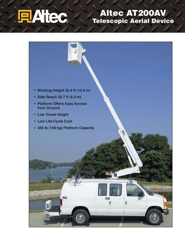 Altec AT200AV spec sheet, page 1: the bucket raised on a white van, with working height 35.9 ft, side reach 20.7 ft and a 350 lb platform capacity
