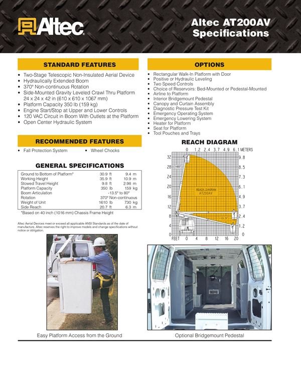 Altec AT200AV spec sheet, page 2: standard features, options, general specifications and reach diagram